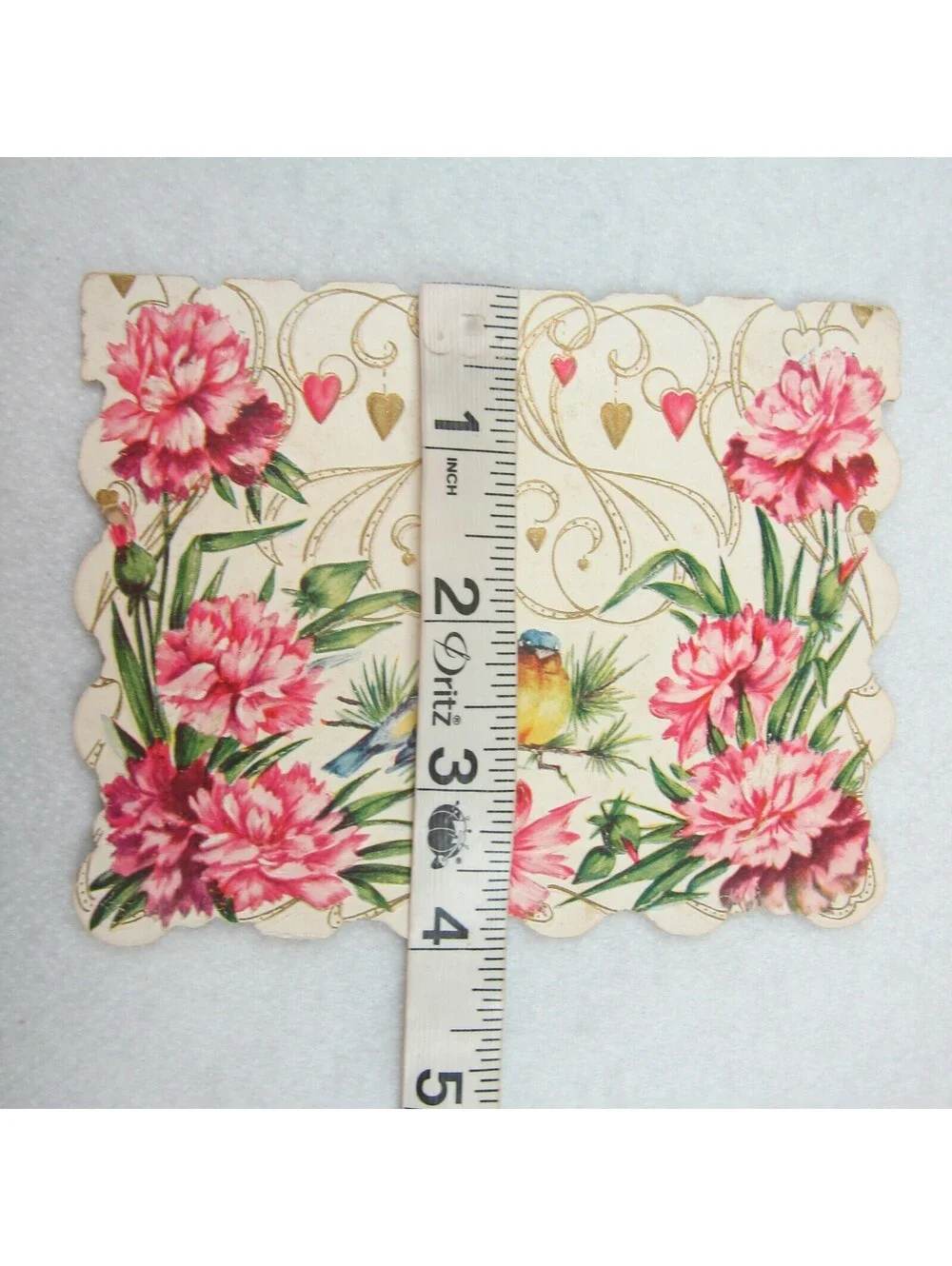 Vintage Valentine Card Pink Carnation Flowers & Blue Birds Gold Scroll Hearts
